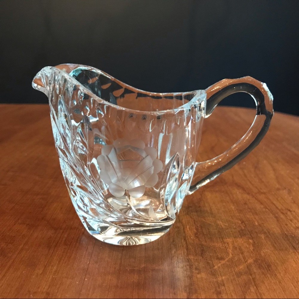 Vintage cut Glass creamer with flowery etching